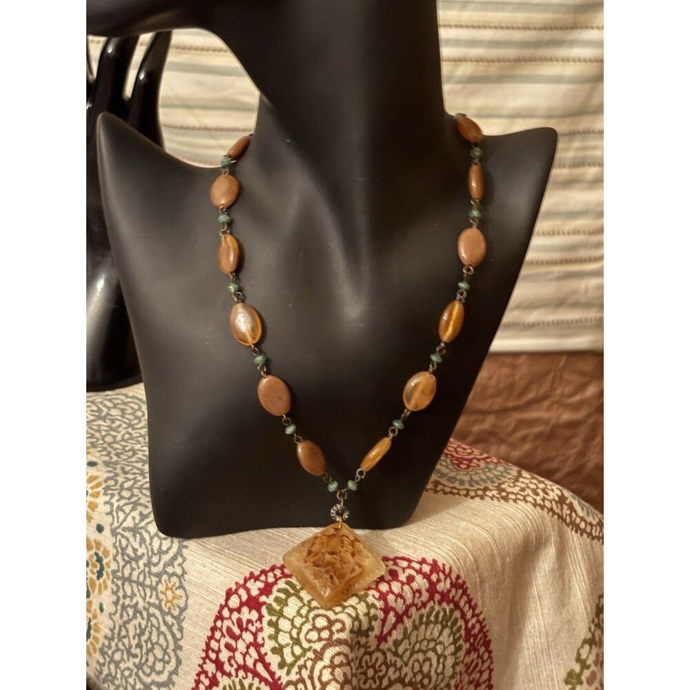 Vintage Carved Natural Butterscotch Amber Pendant Necklace Trade Bead - Picture 5 of 7